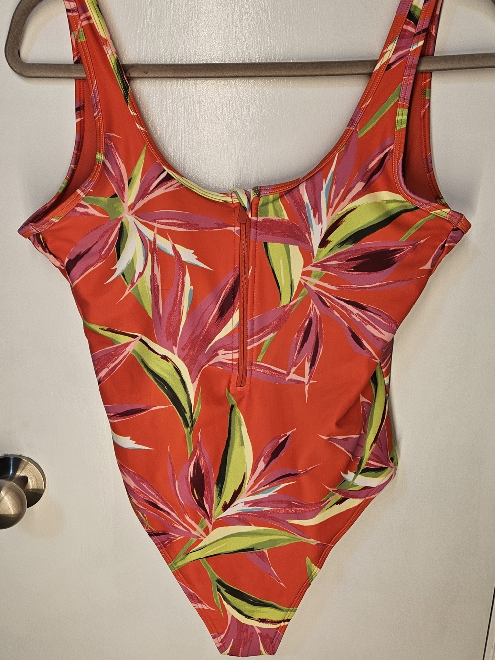 Old Navy Women M Regular Orange Tropical Floral One-Piece Swimsuit Zip Front - Picture 1 of 14
